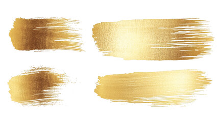 Set of golden brush stroke illustrations with textured patterns isolated on white background