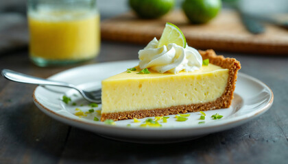 Key lime pie slice with whipped cream, lime wedge, and a fresh, zesty background.