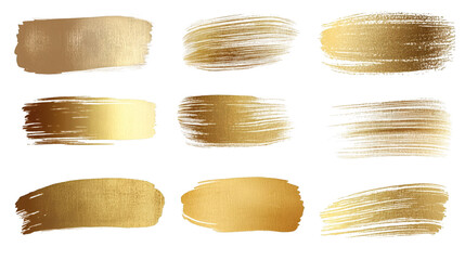 Set of golden brush stroke illustrations with textured patterns isolated on white background