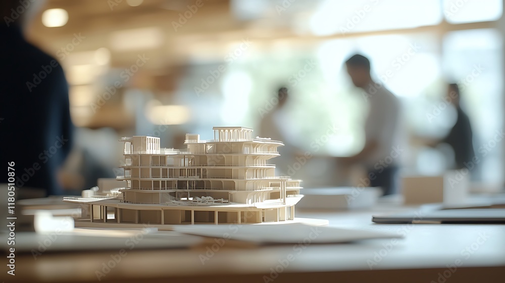 Poster textile mill model placed on a table in an office, engineers visible in the blurred background.
