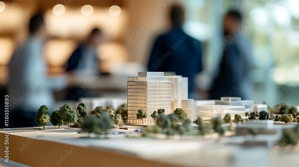 Poster textile mill model placed on a table in an office, engineers visible in the blurred background.