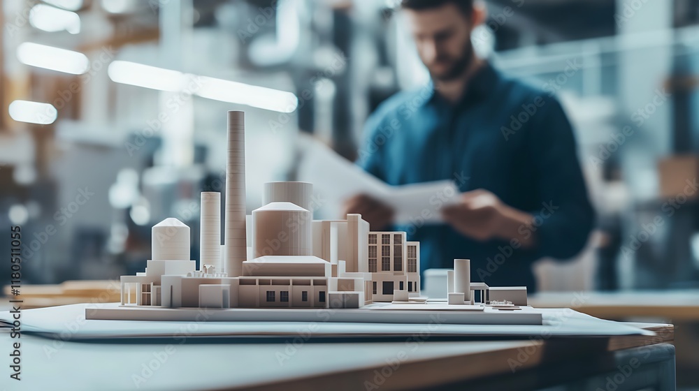 Poster a detailed model of a textile mill on a table in an office with engineers working in the blurred bac
