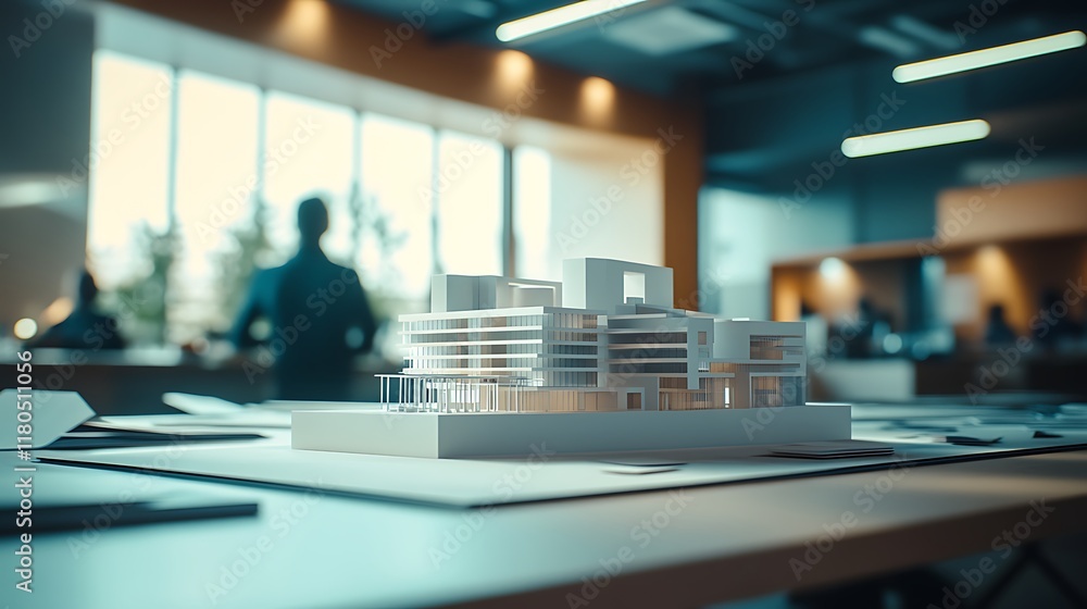 Poster a detailed model of a textile mill on a table in an office with engineers working in the blurred bac