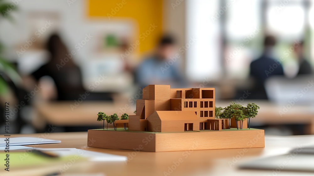 Poster a detailed model of a textile mill on a table in an office with engineers working in the blurred bac