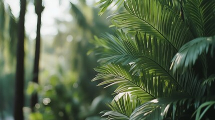 Fototapeta premium Dewy palm fronds sway gently, their lush green contrasting with soft, out-of-focus backgrounds, evoking tropical serenity and the essence of natural beauty.