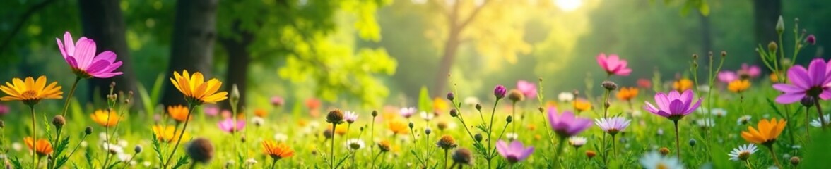 Fototapeta premium Wildflowers swaying gently in the breeze amidst tall trees, garden inspiration, meadow scenes