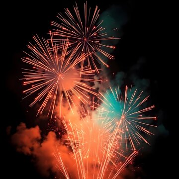 Image of clock showing midnight and fireworks exploding on black background Generative AI 