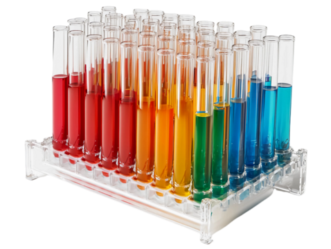 Test tubes in holder with colorful liquid isolated on white background. Suitable for marketing or business purposes. PNG file