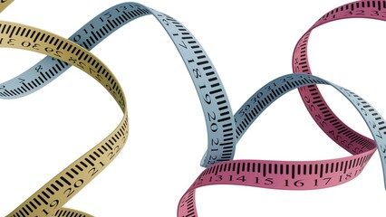 3d rendering of A isolated pink and blue measuring tape are intertwined and curled forming helix shape.