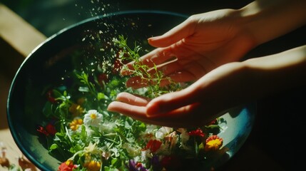 Delicate hands sprinkle herbs over a vibrant array of flowers in a bowl, blending nature, care, and artistry.