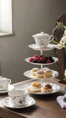 Obraz premium Elegant three-tiered dessert stand with pastries and berries.