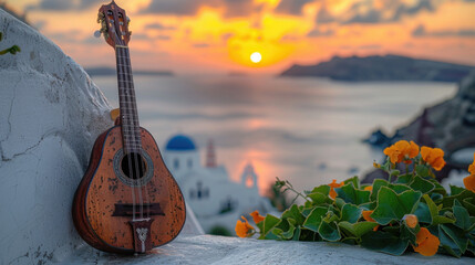 A Greek bouzouki resting against a white wall with the breathtaking Santorini caldera in the background, blending traditional Greek music with the charm of an idyllic Mediterranean landscape