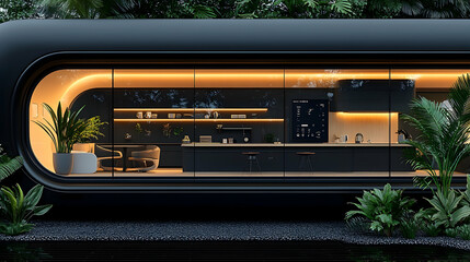 Fototapeta premium Futuristic black kitchen in a tropical rainforest cabin at night.