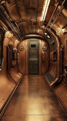 Steampunk Corridor Interior With Brass Walls And Door