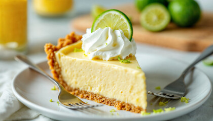 Key lime pie slice with whipped cream, lime wedge, and a fresh, zesty background.