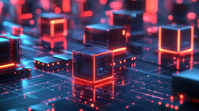 Futuristic glowing red and blue cubes on a circuit board.