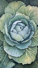 Obraz premium Close-up of a vibrant green cabbage, showcasing its intricate leaf texture and natural beauty.