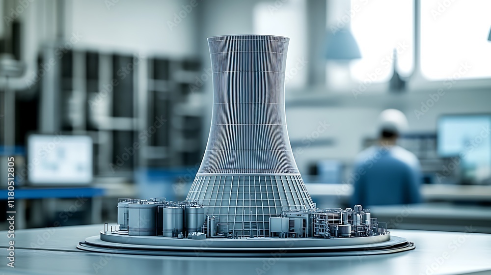Poster a desk in an office with a thermal power plant model and engineers visible in the background blur.