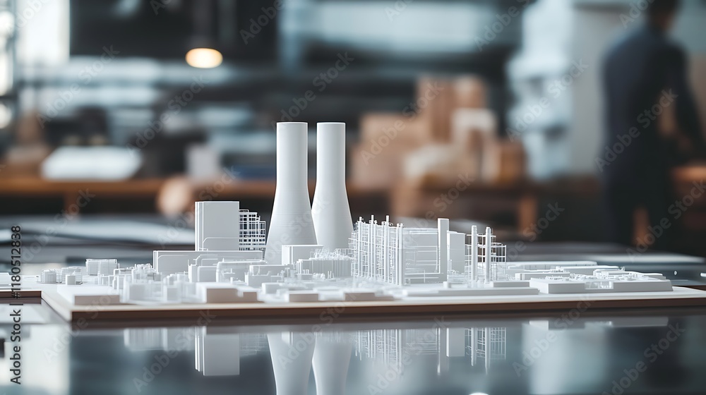 Aufkleber a desk in an office with a thermal power plant model and engineers visible in the background blur.