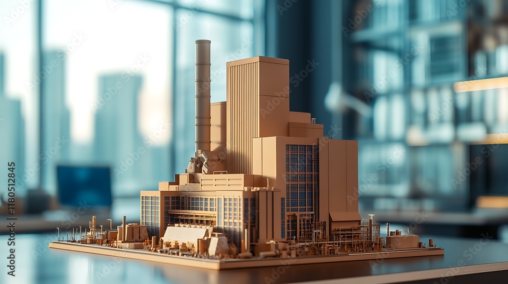 Poster a desk in an office with a thermal power plant model and engineers visible in the background blur.