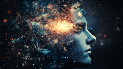 Obraz premium Cosmic Consciousness: A surreal portrait of a person's head merging with a vibrant nebula, symbolizing the vastness of the mind and the mysteries of the cosmos.