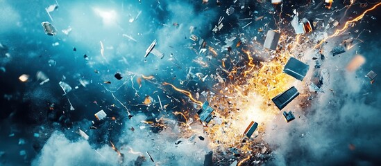 Obraz premium Explosive particles scattering with high energy burst, chaotic.