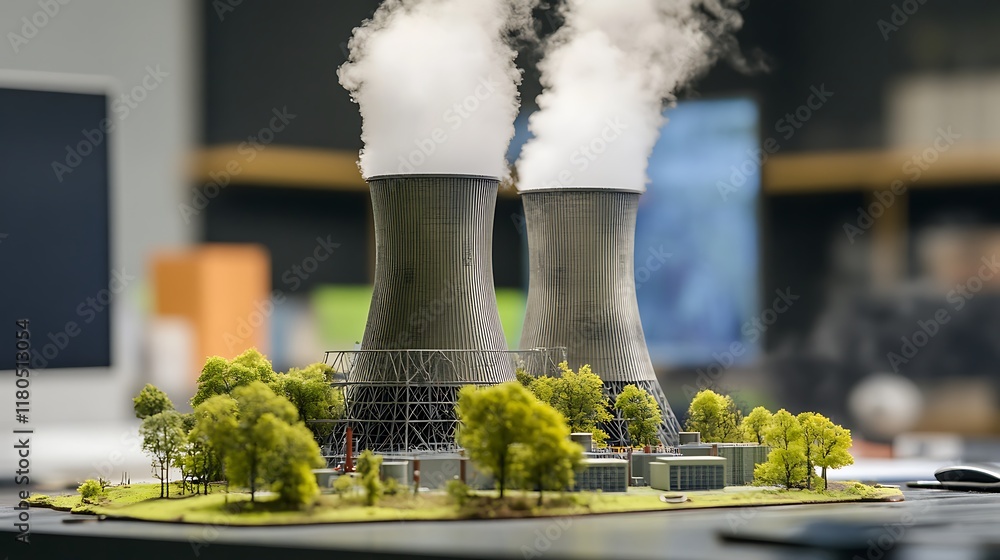 Poster a small-scale thermal power plant displayed on a table, office setting with blurred engineers in the