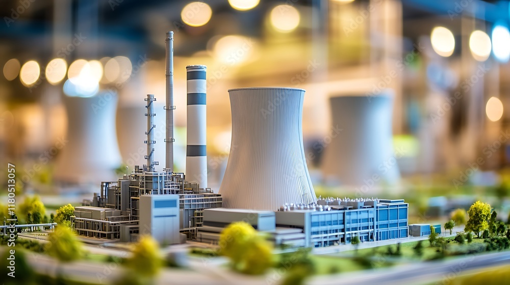 Poster a small-scale thermal power plant displayed on a table, office setting with blurred engineers in the