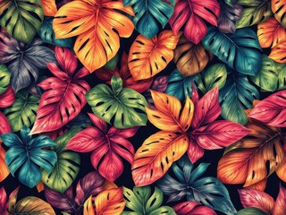 Vibrant tropical leaf pattern, bright colors, seamless repeat, banana,leaves,seamless
