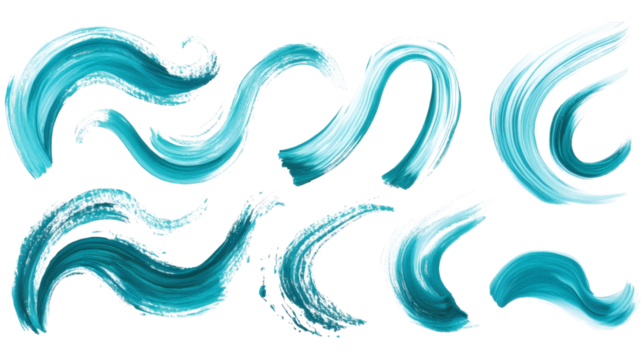Set of Turquoise brush stroke illustrations with textured patterns isolated on white background