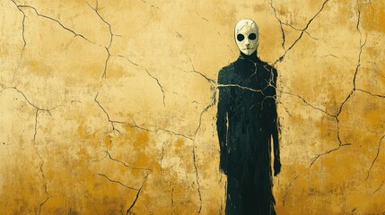 Masked Figure Against Cracked Yellow Wall