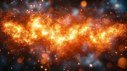 Fototapeta premium Fiery orange sparks, dark smoky background.