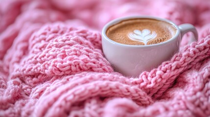 A cozy cup of latte art rests on a soft pink blanket, creating a warm and inviting atmosphere perfect for relaxation.