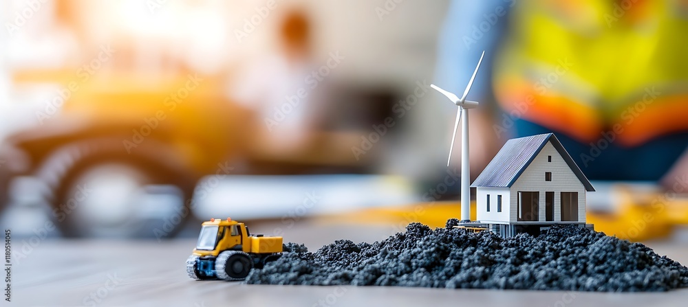 Poster windmill power station model showcased on an office desk, engineers working in the background with a