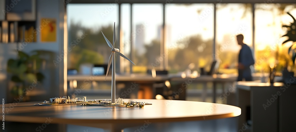 Poster windmill power station model showcased on an office desk, engineers working in the background with a