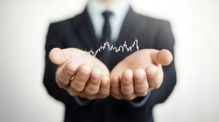 Obraz premium A business professional in a suit holds out hands with a fluctuating graph, symbolizing growth and investment.