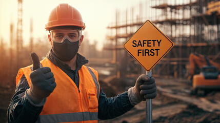 Construction worker wearing safety gear holding a Safety First sign and giving a thumbs up at a construction site