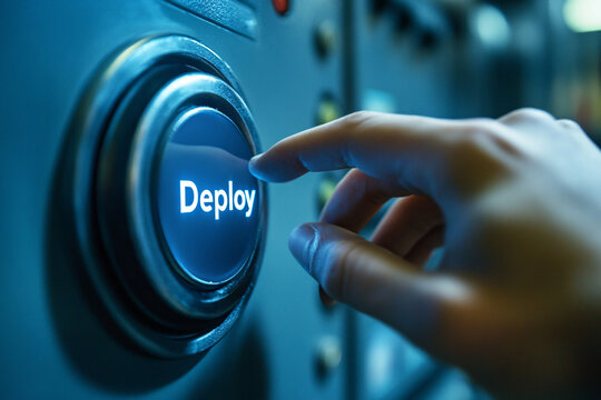 A detailed shot of a hand pressing a circular "Deploy" button, representing the concept of execution, system launch, or deployment in a professional setting