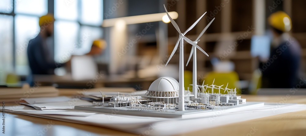 Poster tabletop windmill power station model in an office environment, engineers in a blurred background wo