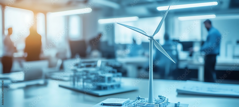 Poster tabletop windmill power station model in an office environment, engineers in a blurred background wo