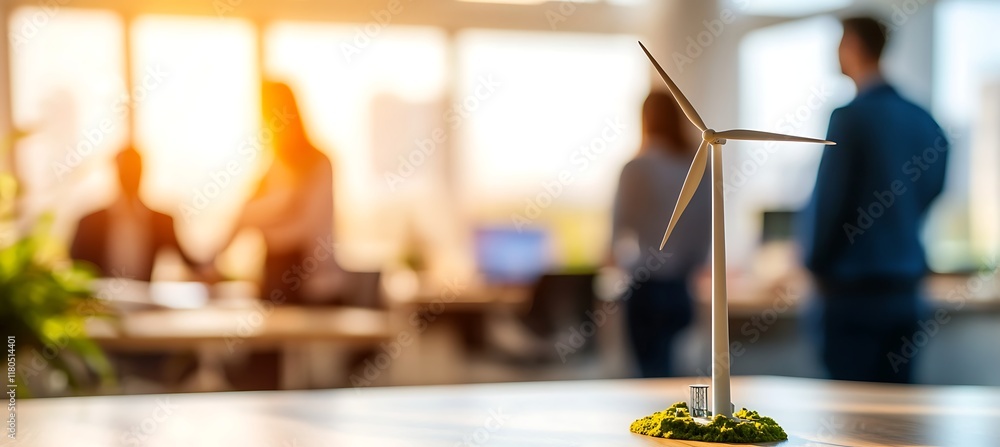 Poster windmill power station model resting on a table in an office, engineers visible in a softly blurred 