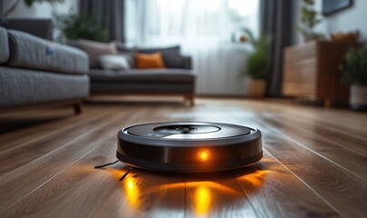 Robot vacuum cleaning hardwood floor.