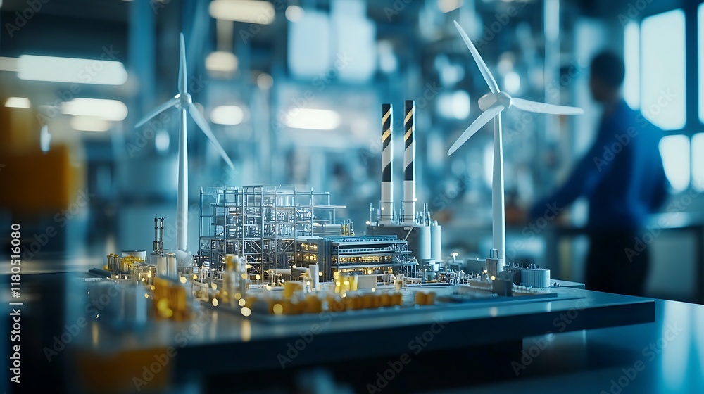 Poster office setup featuring a windmill power station model on the table with engineers faintly visible in