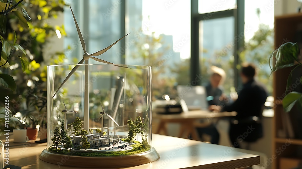 Poster windmill power station model placed on a table in an office setting with blurred engineers in the ba