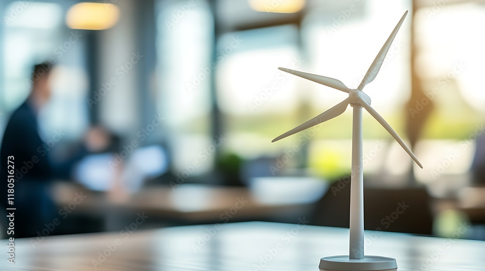 Poster windmill power station model placed on a table in an office setting with blurred engineers in the ba