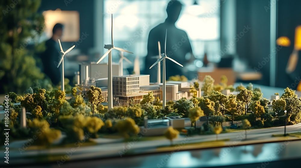 Poster office table showcasing a windmill power station model, with engineers visible in a soft blurred bac