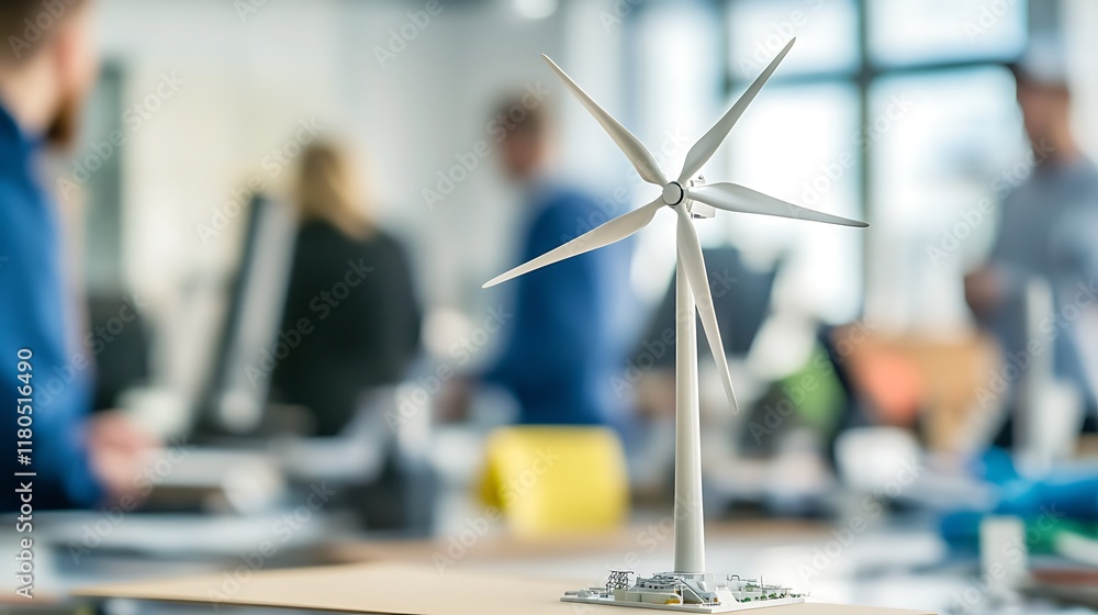 Poster model of a windmill power station on a table in an office with engineers in the blurred background.