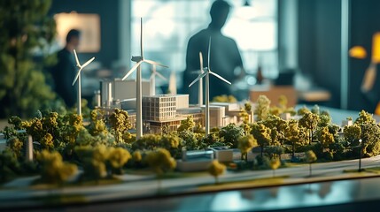 Obraz premium Office table showcasing a windmill power station model, with engineers visible in a soft blurred background.