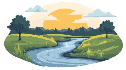 Fototapeta premium Serene river flowing through a lush green valley at sunset.