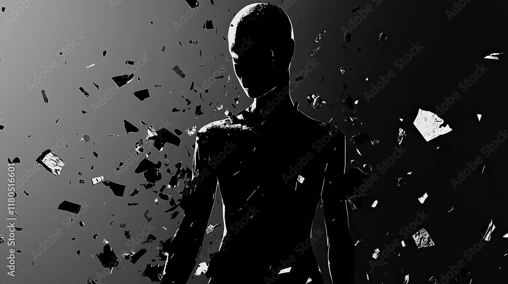 Poster abstract figure disintegrating into fragments